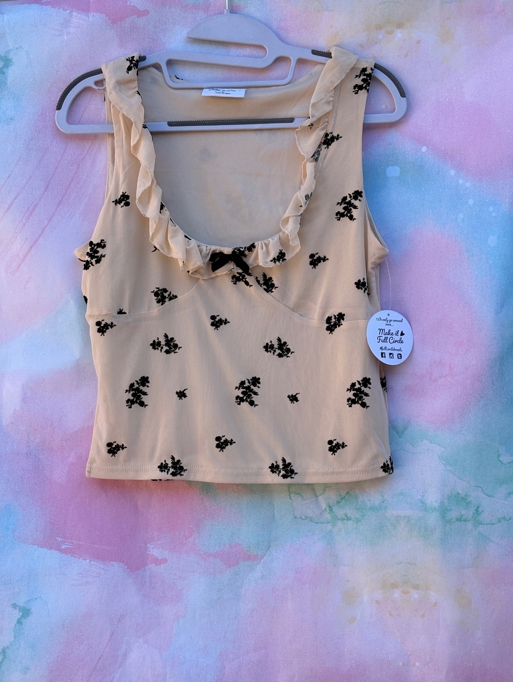 Vintage Jolie & Joy Y2K Women's Beige Floral Ruffle Trim Sleeveless Top XL